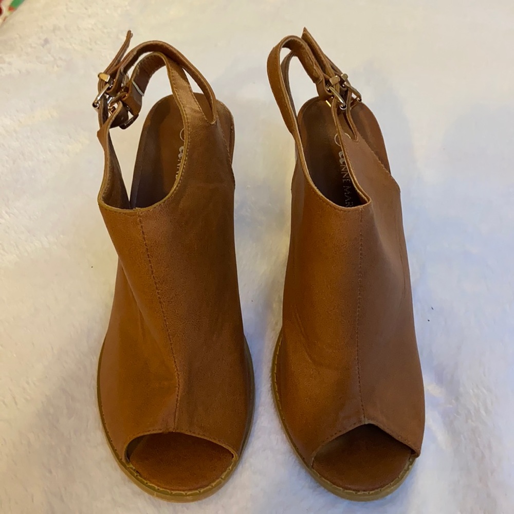 Camel color PRECIOUS peep toe heels. Worn once.. see pics. SPOT ON! Great price